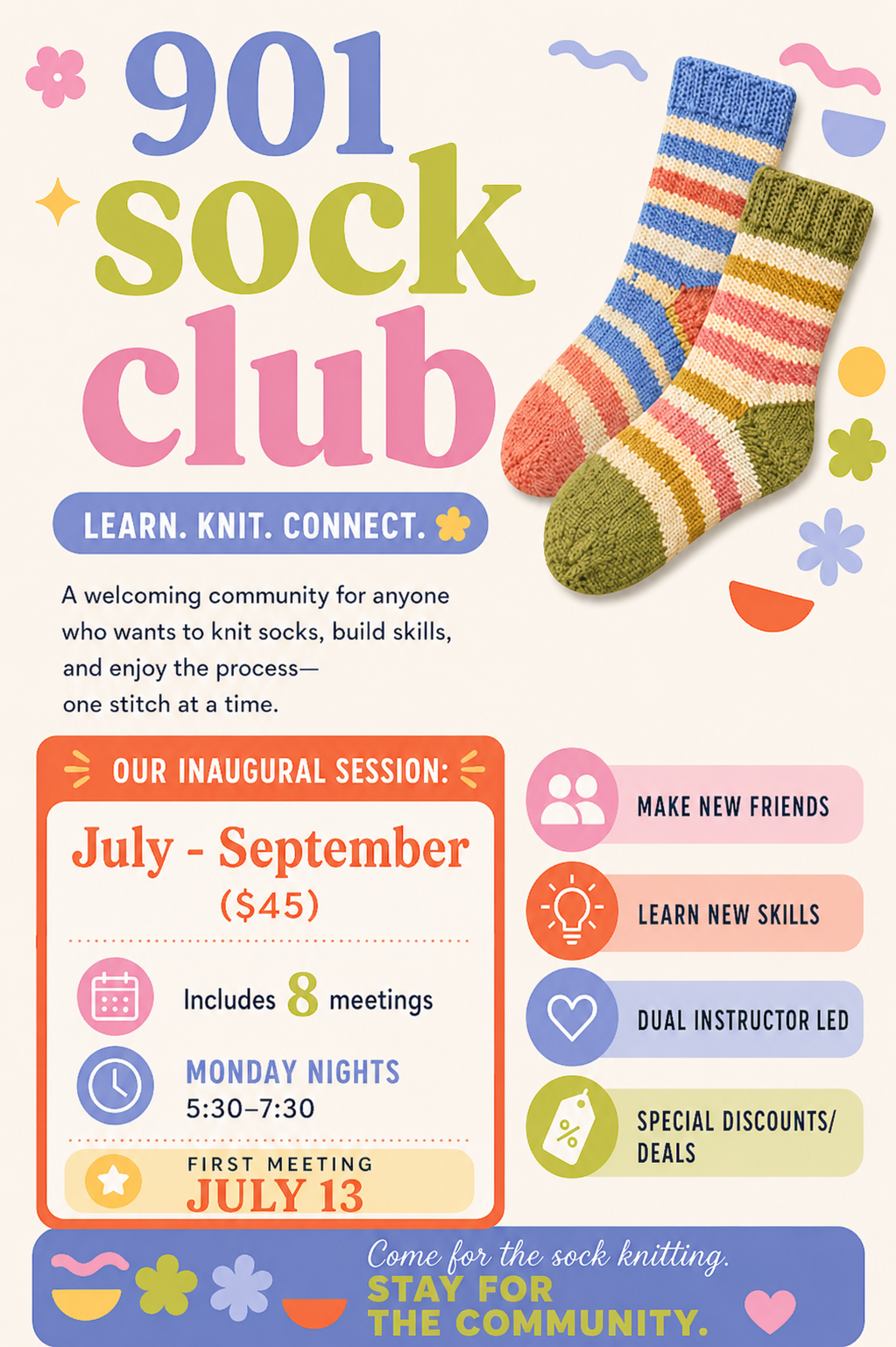 Advertisement for 901 Sock Club with colorful socks and event details.