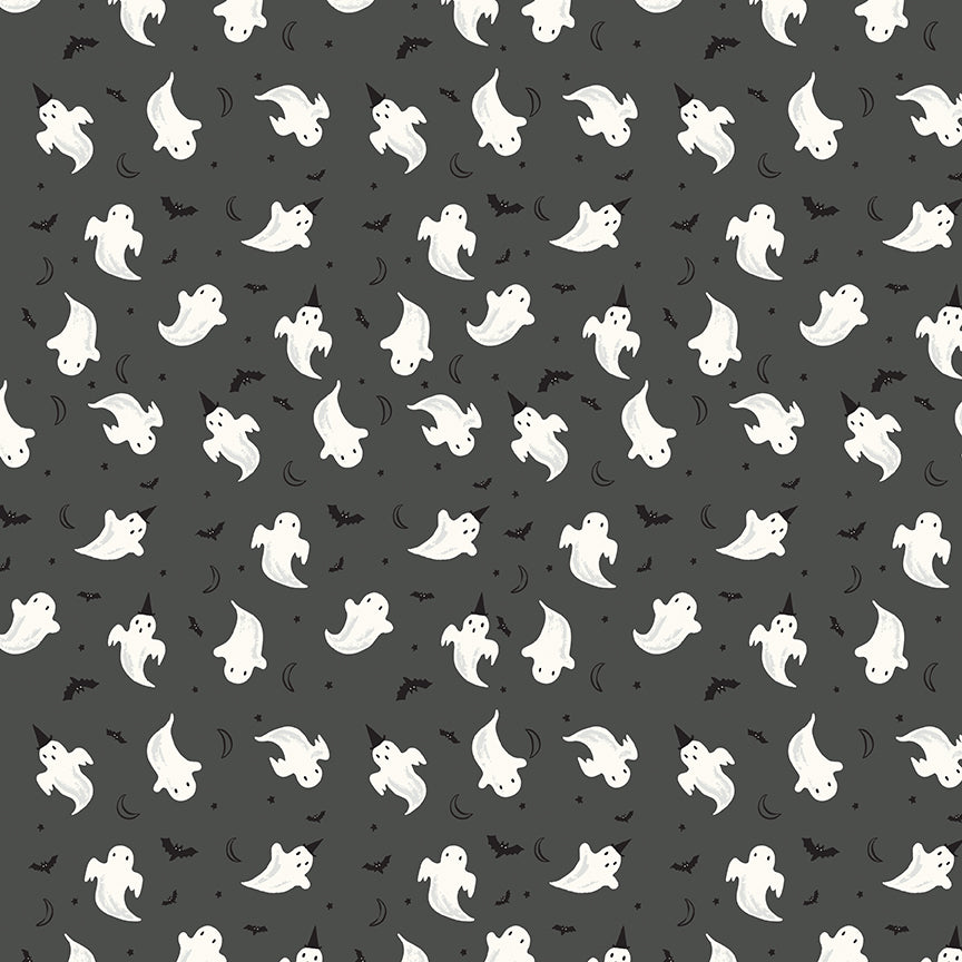Pattern of white ghosts and black bats on a gray background