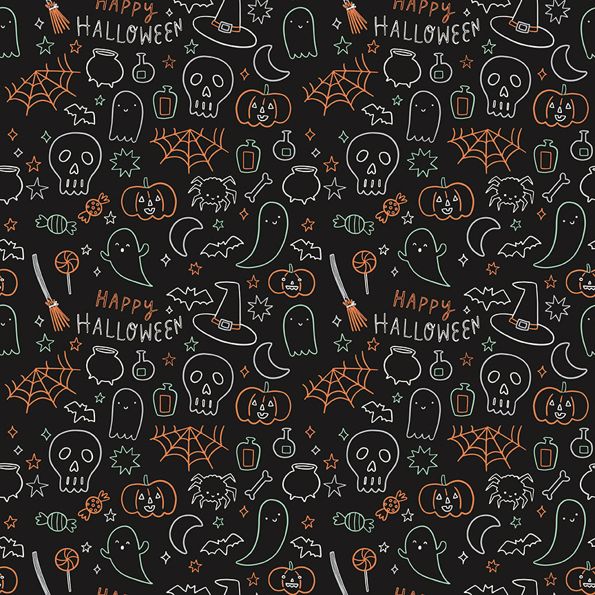 Halloween-themed pattern with ghosts, pumpkins, and skulls on a dark background.