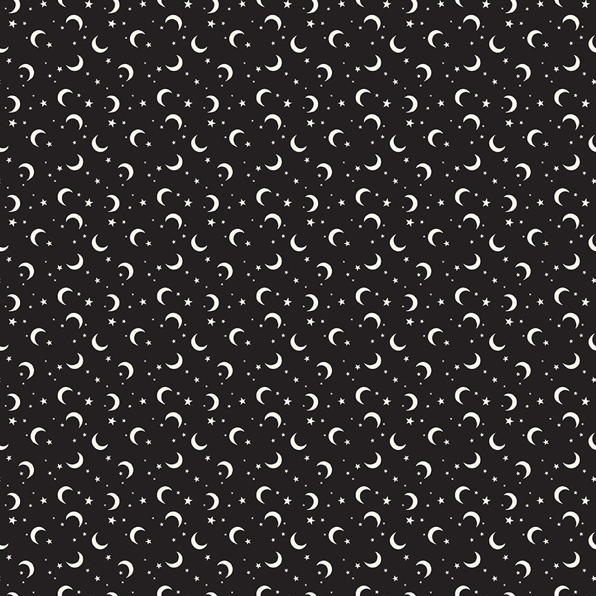 Pattern of white crescent moons and stars on a black background