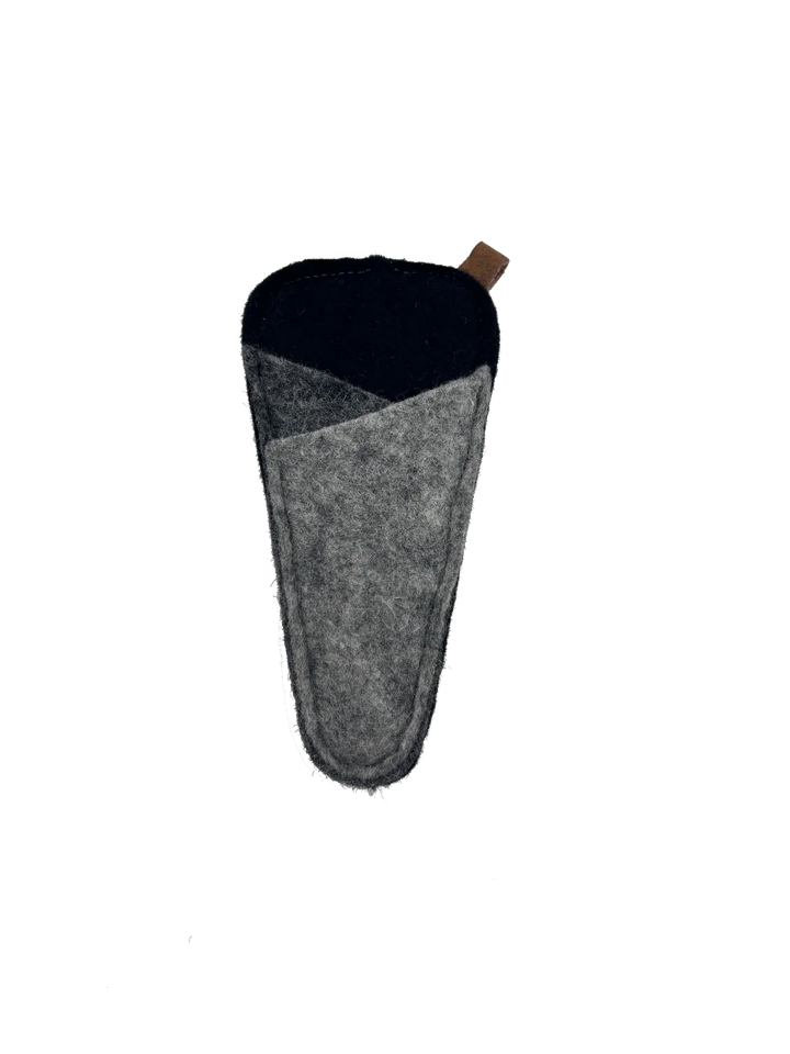 A black and grey felt scissors sleeve 