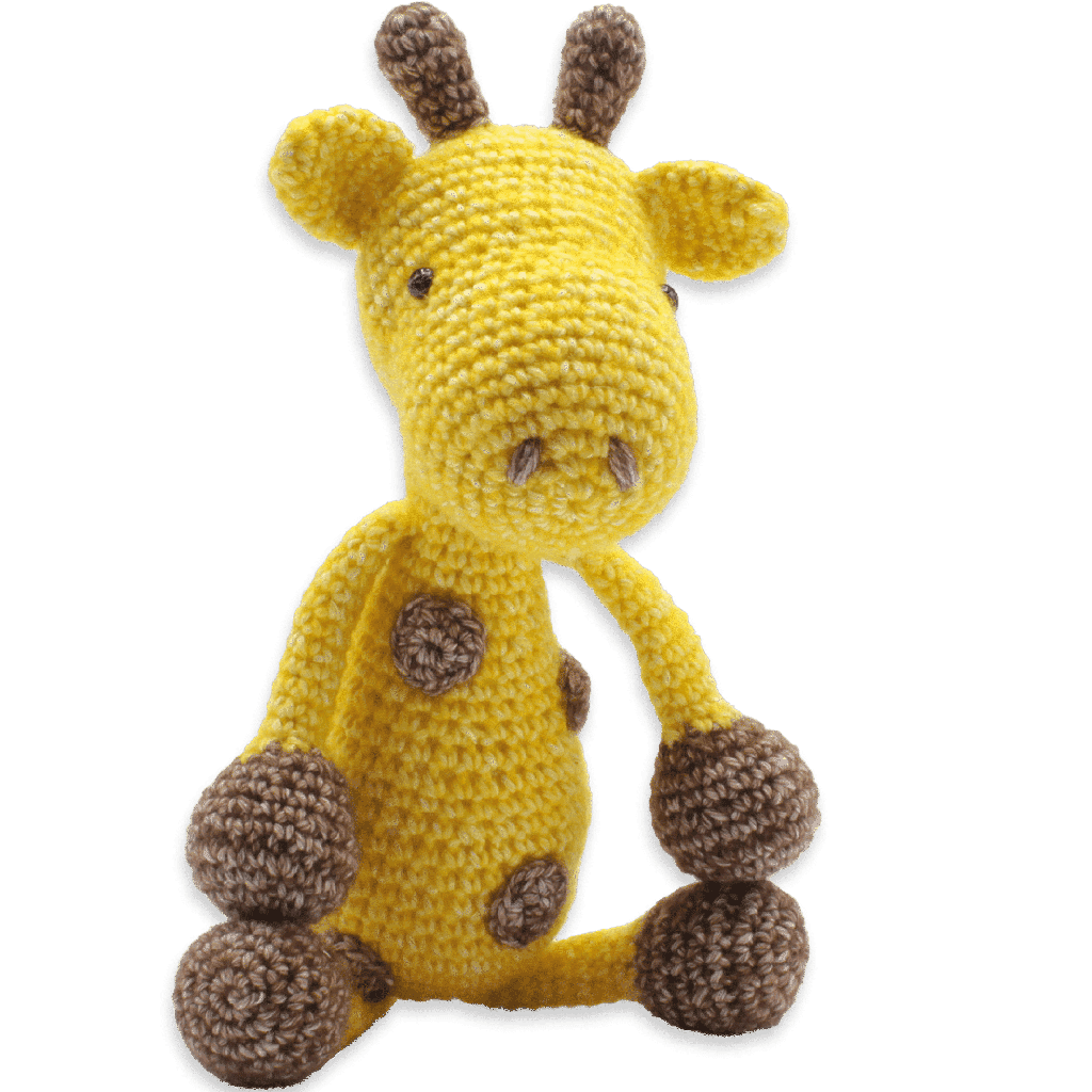 Crocheted giraffe toy on a transparent background