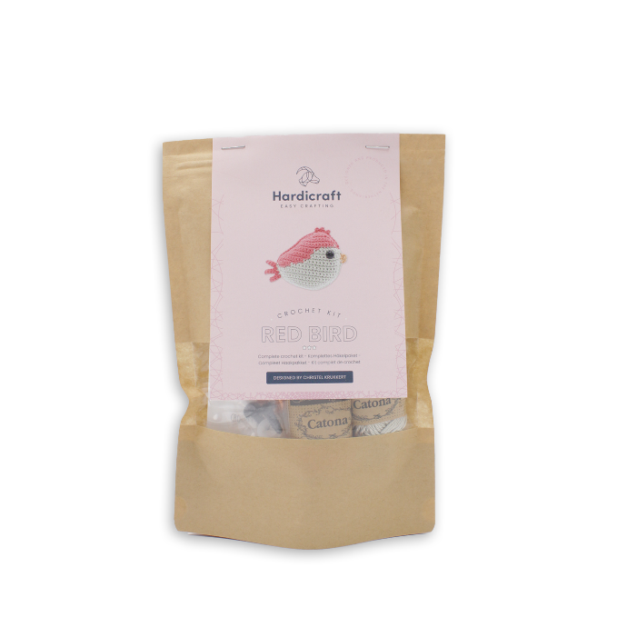 Beige package with a pink label featuring a bird design on a white background