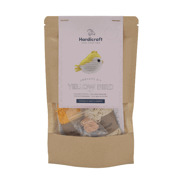 Hardicraft craft kit packaging with a yellow bird design on a white background
