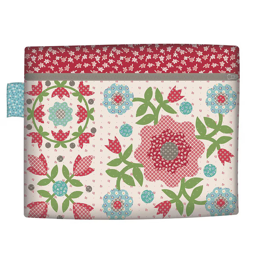 Bag sample shown with red, blue, and green floral design
