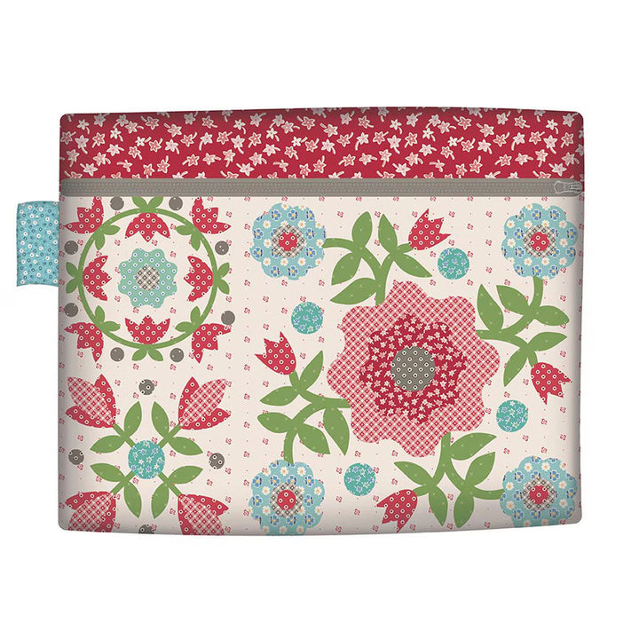 Bag sample shown with red, blue, and green floral design