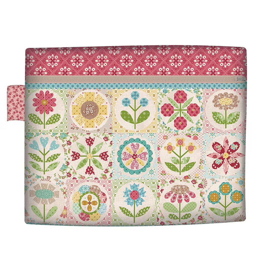 Bag sample with a red, green, yellow, and brown floral design