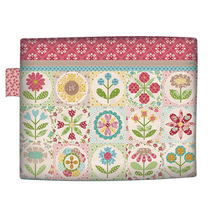 Bag sample with a red, green, yellow, and brown floral design
