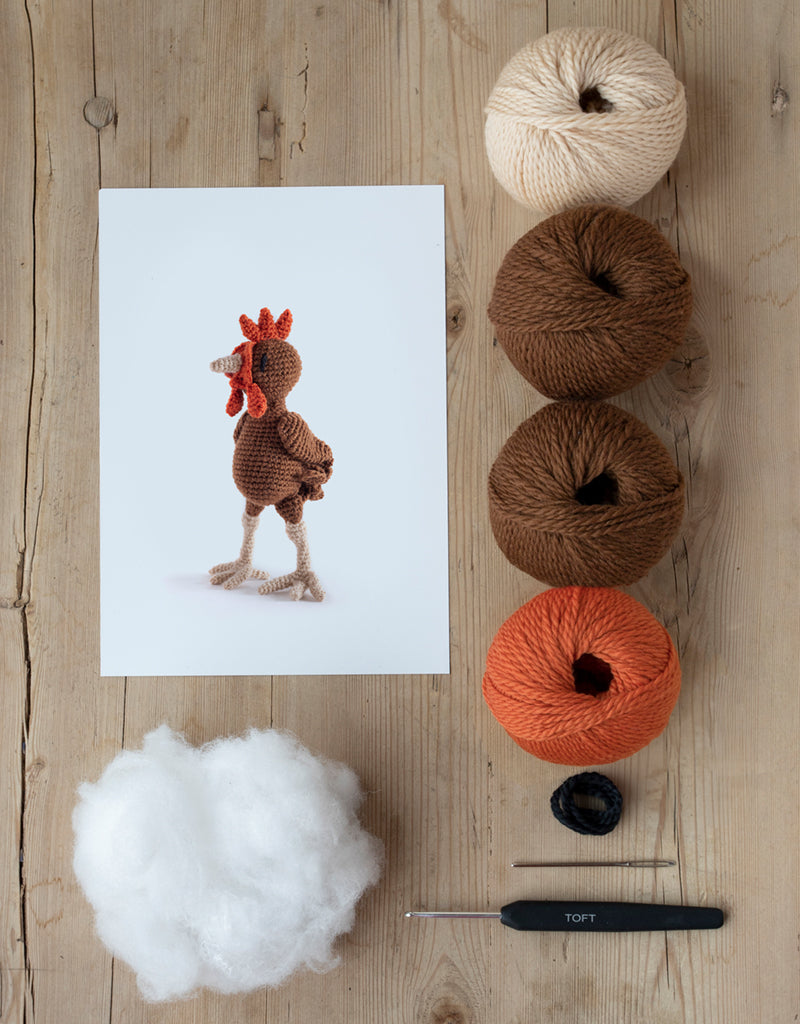 animal card, poly stuffing, balls of yarn, darning needle, and a crochet hook lying on a wooden table