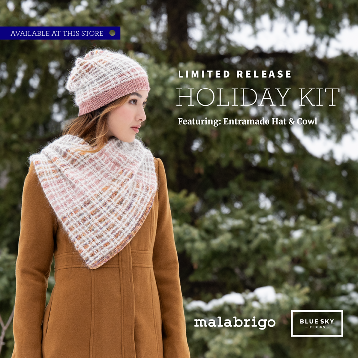 Woman wearing a knitted hat and scarf with text about a limited release holiday kit.