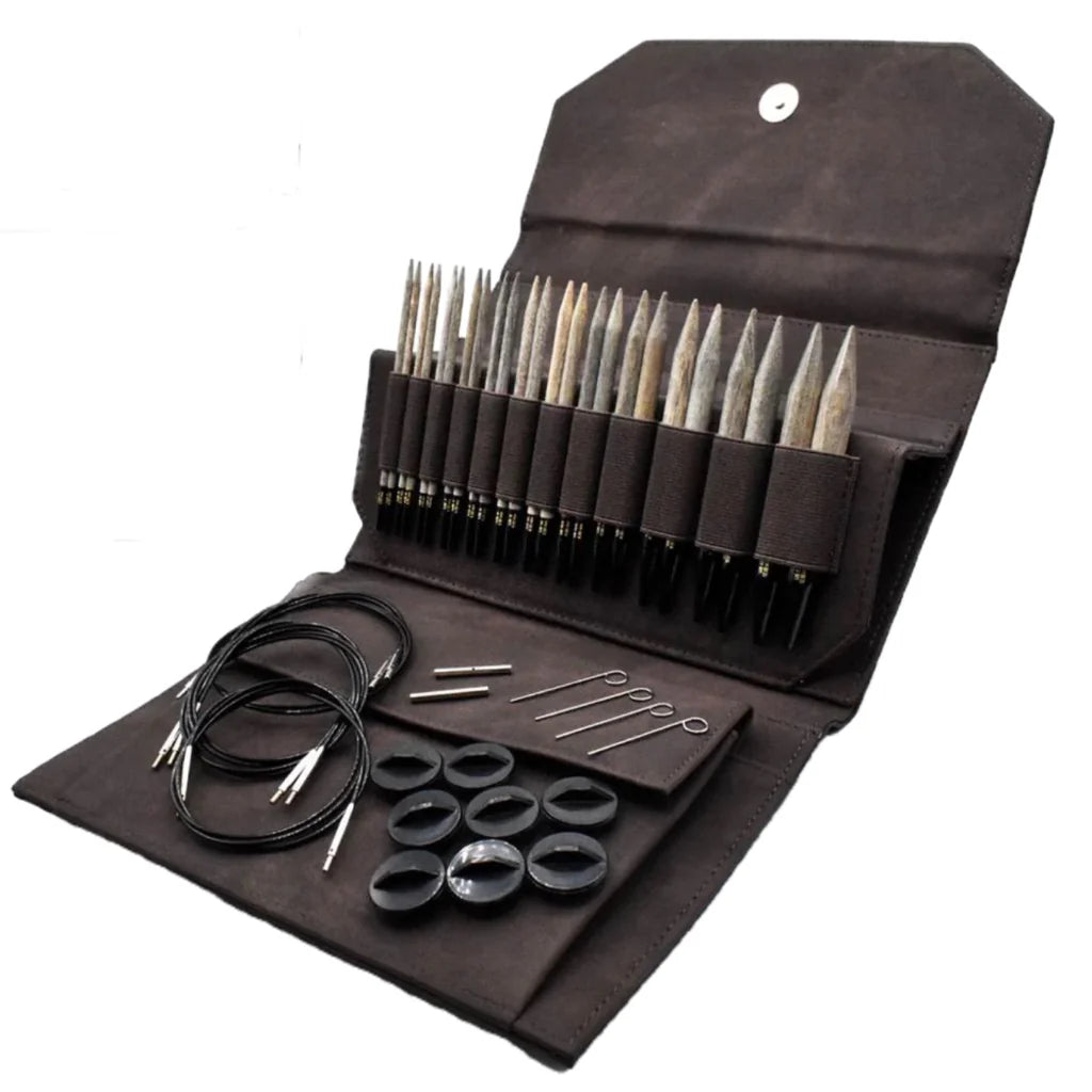 Cacao denim carrying case with wooden knitting needles