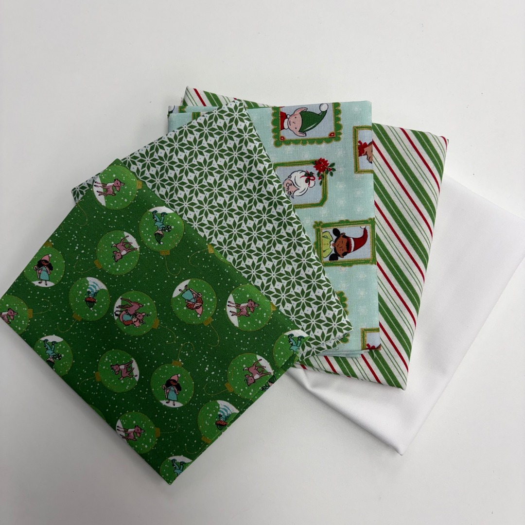 Three festive fabric swatches with Christmas patterns on a white background