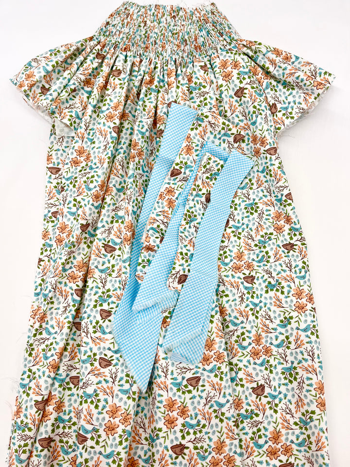 pleated bishop in terra cotta and teal floral with teal turquoise gingham on top