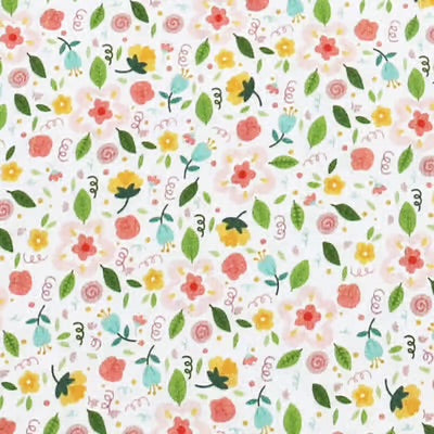  pink, yellow, blue, and green floral print on a creamy white background 