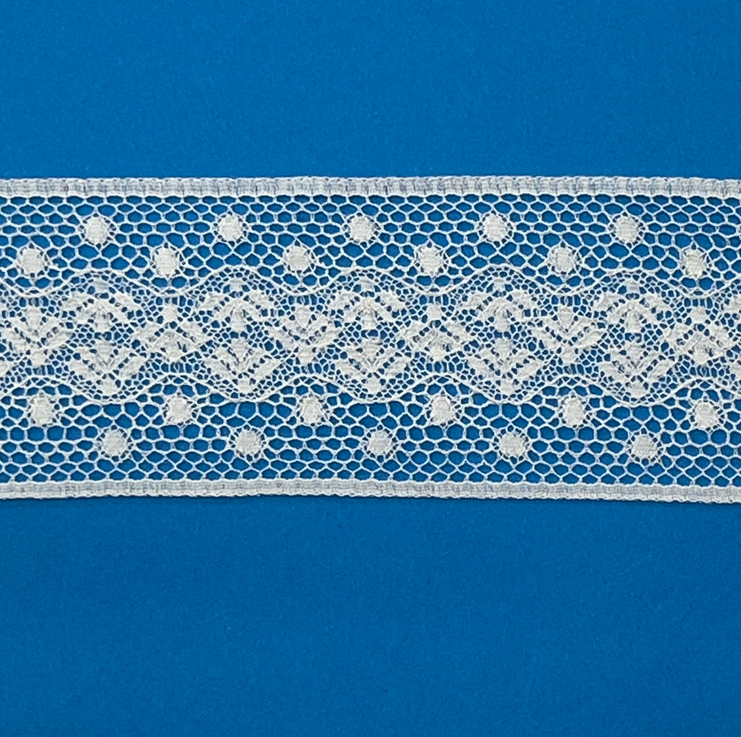 White lace trim on a blue background