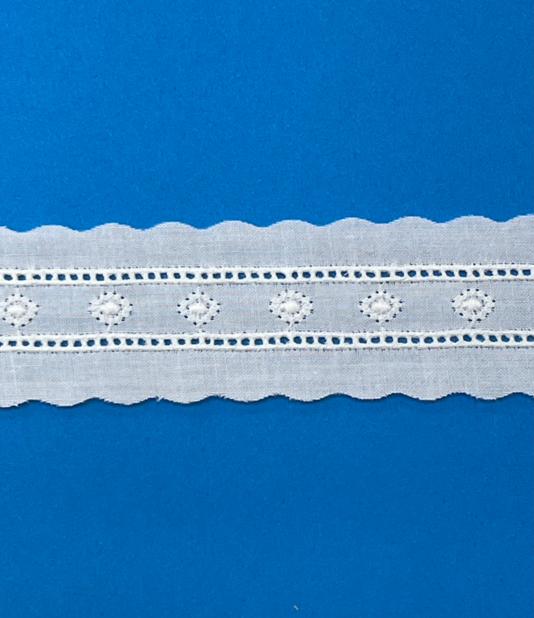 White lace trim on a blue background