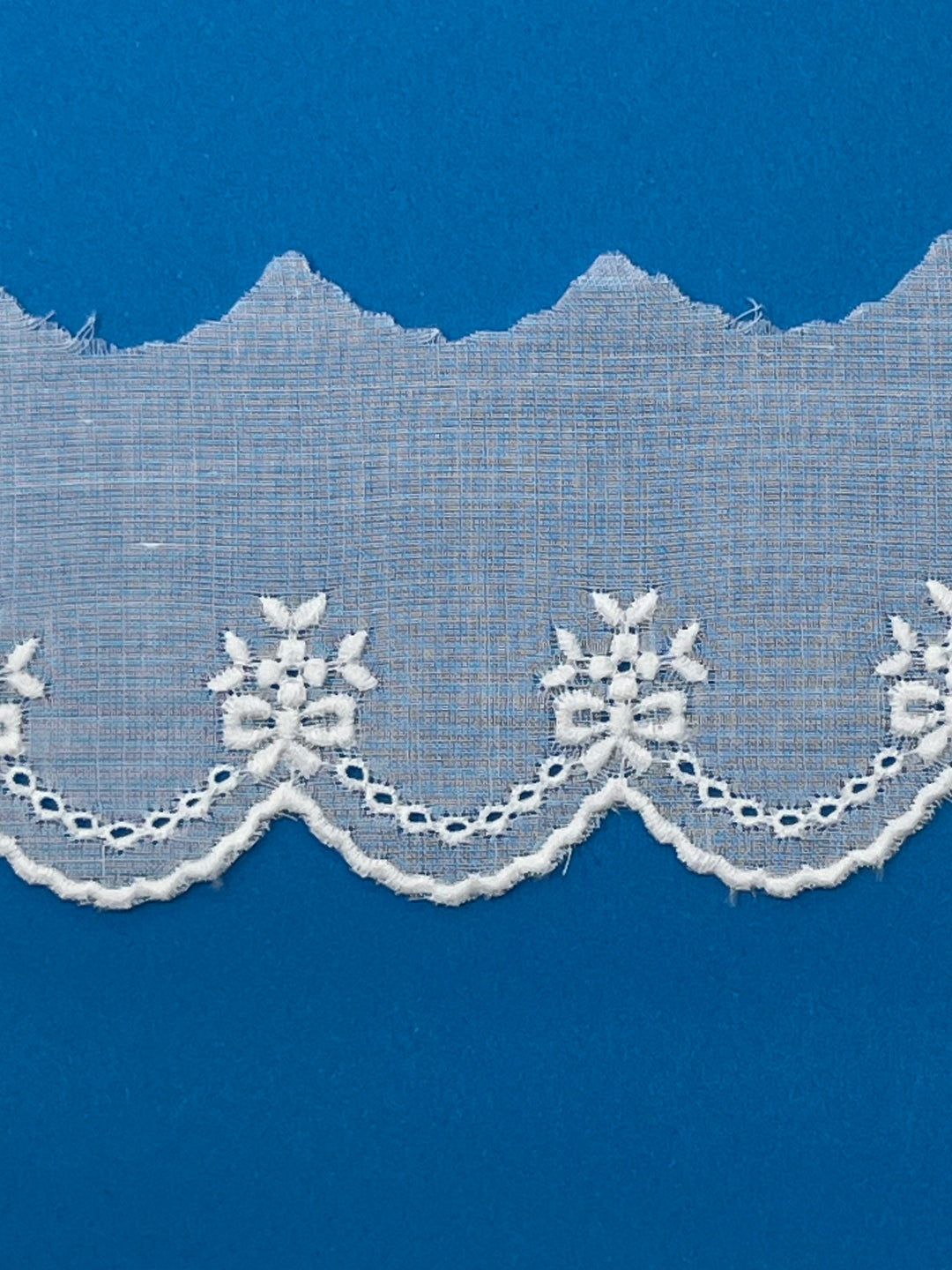 White lace trim on a blue background