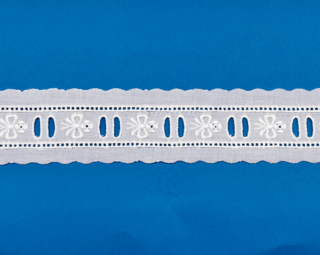 White Swiss beading on a blue background