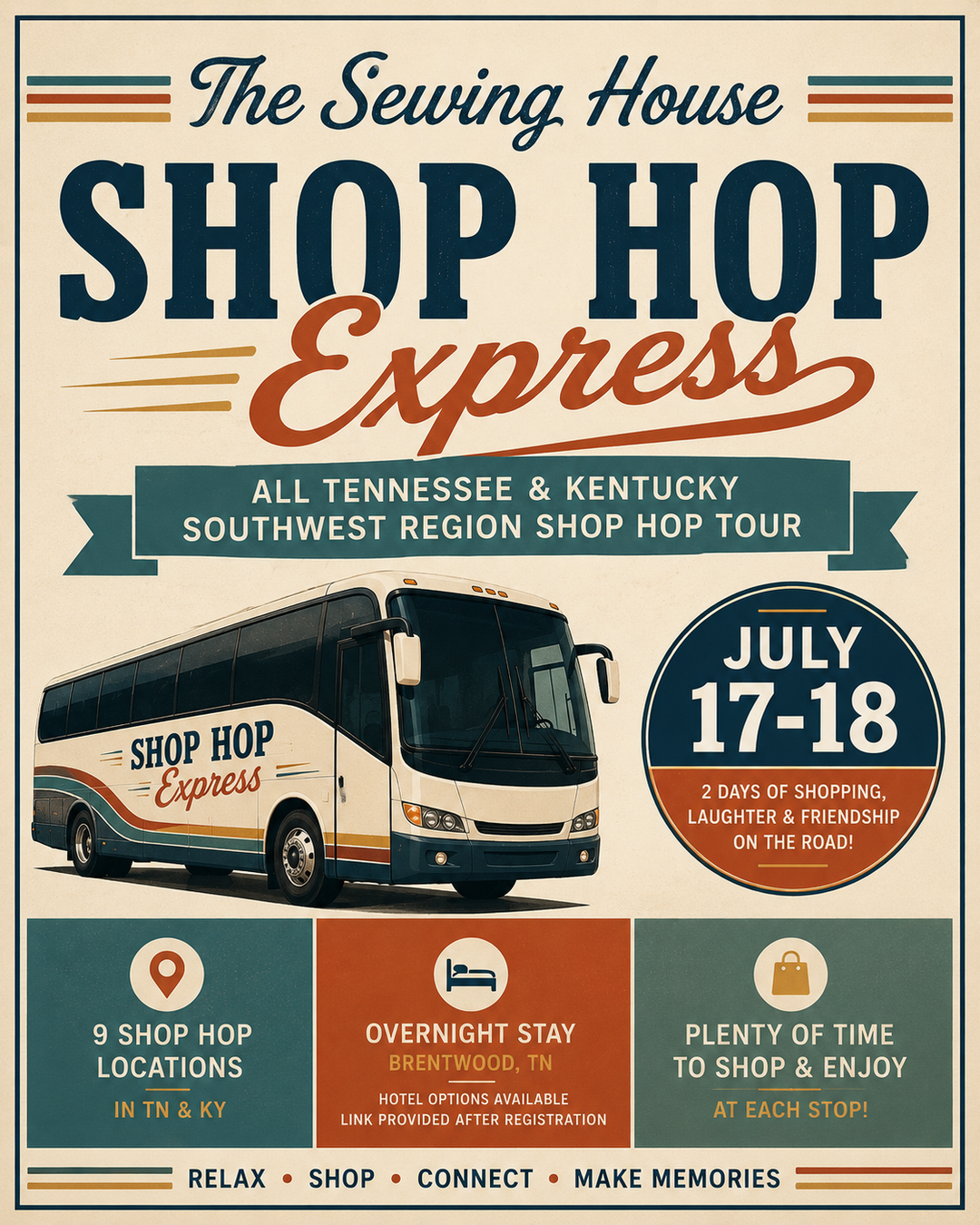 Advertisement for 'The Sewing House Shop Hop Express' tour with a bus illustration and event details.