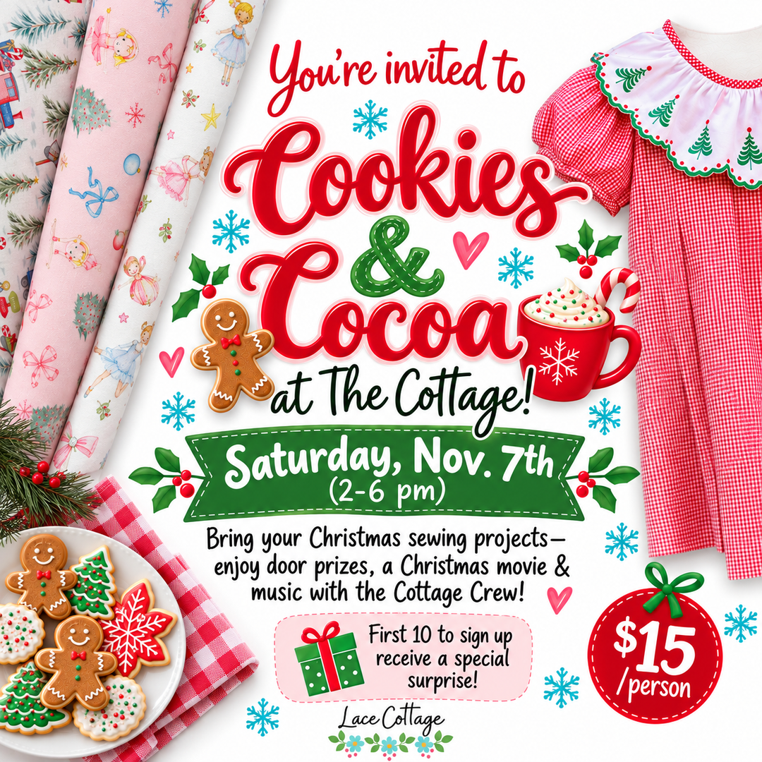 A festive Christmas-themed event flyer for 'Cookies & Cocoa at The Cottage' on Saturday, Nov. 7th.