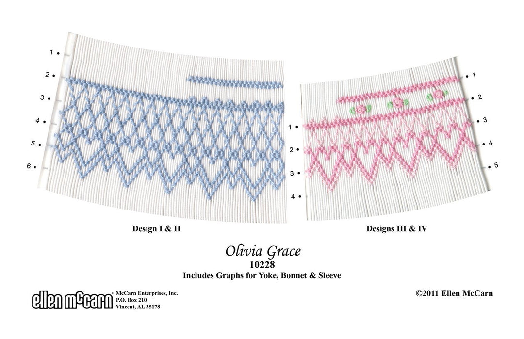 Smocking design pattern chart for bishop bonnet, and sleeve with blue and pink designs.