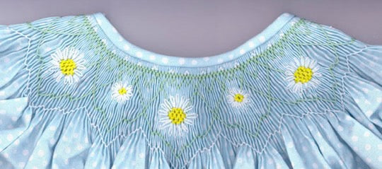 Geometric smocking plate with daisies. 7 1/4 rows of smocking on a bishop.