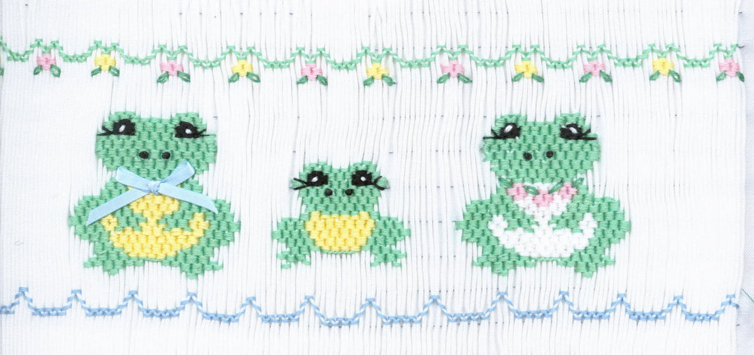 Smocking plate with a mommy, a daddy, and a baby frog. 8 3/4 rows of smocking on a yoke.