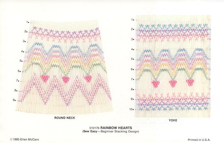 Smocking pattern chart with rainbow hearts design on a white background