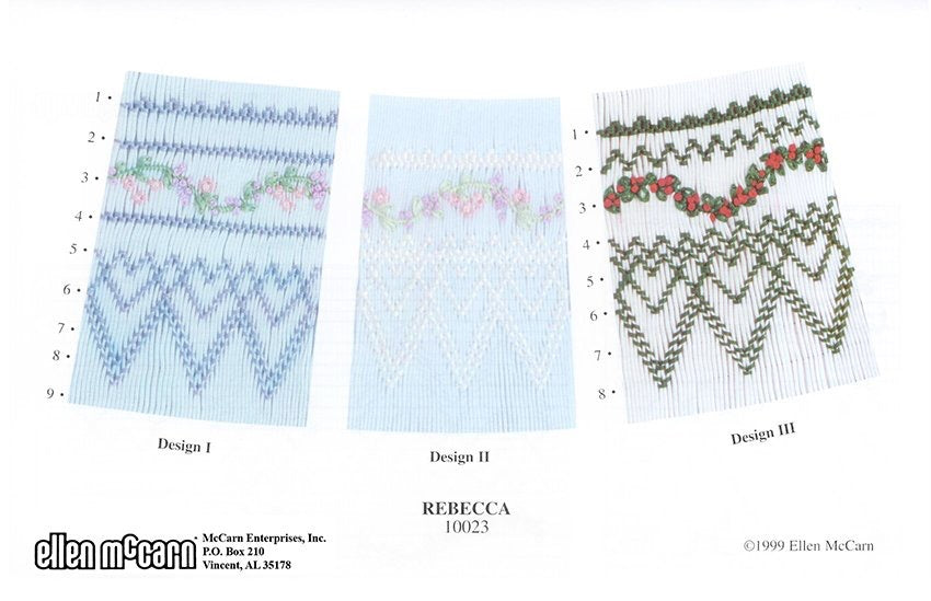 Three smocking designs labeled 'Design I', 'Design II', and 'Design III' by Ellen McCarn.