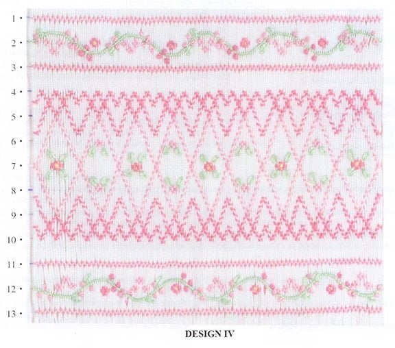 Smocking Embroidery design with floral patterns on a white background