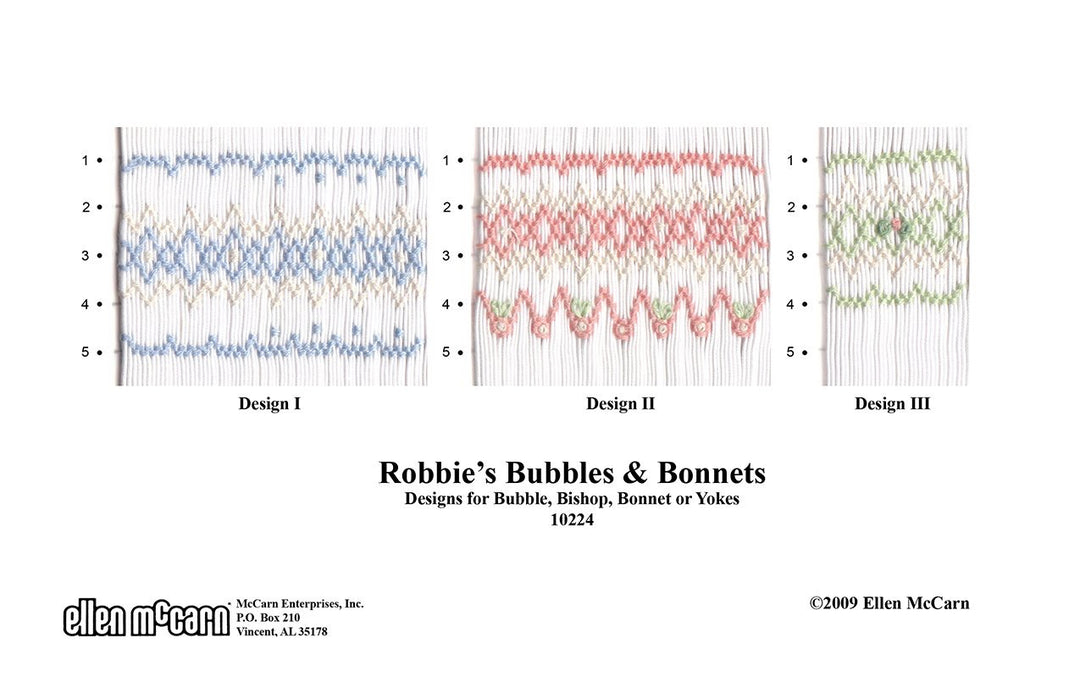 Smocking designs with wave patterns labeled 'Design I', 'Design II', and 'Design III' by Robbie's Bubbles & Bonnets.