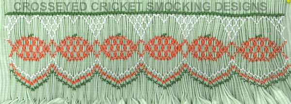 Smocking plate geometric pumpkin design. 7 1/4 rows of smocking on a yoke or bishop. Requires 158 pleats.