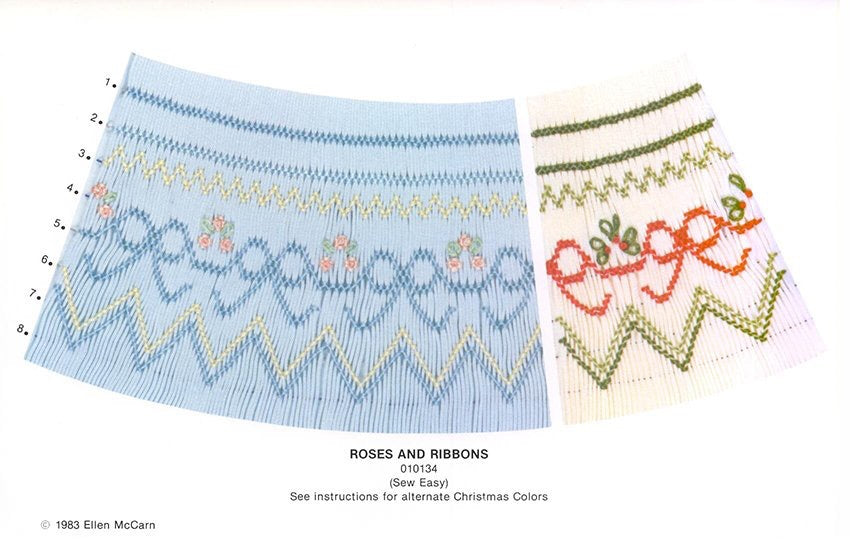 Embroidery patterns with 'Roses and Ribbons' design on a white background