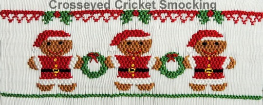 Crosseyed Cricket Smocking pattern with gingerbread men and wreaths on a white background.