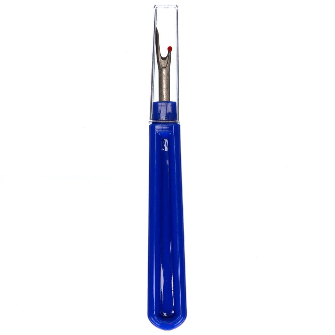 A blue-handled seam ripper with a clear protective cap on the tip, shown vertically against a plain white background.