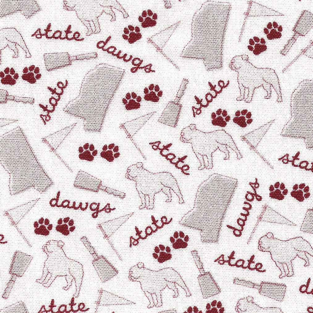Pattern with dogs, paw prints, and 'state dawgs' text on a white background