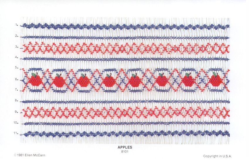 Smocking plate with apples in a geometric design smocked in blue and red on white pleated fabric. 11 rows of smocking.