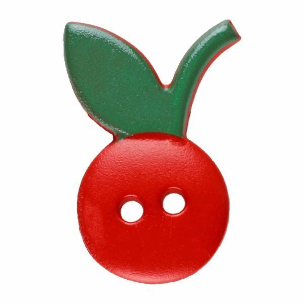 Red button with a green leaf on a white background