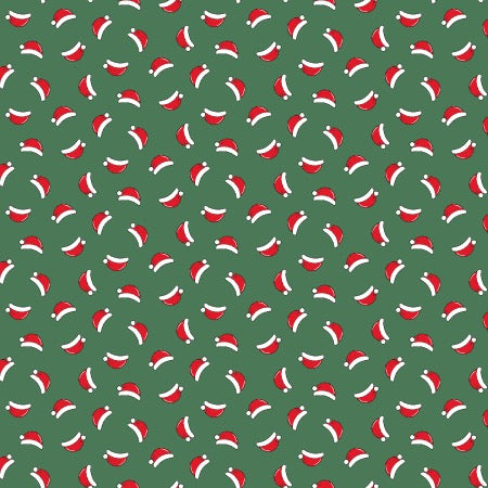 A repeating pattern of red and white Santa hats on a dark green background.