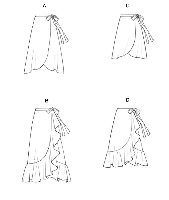 Line drawings of a skirt with ruffled layers and tied fabric at the waist.