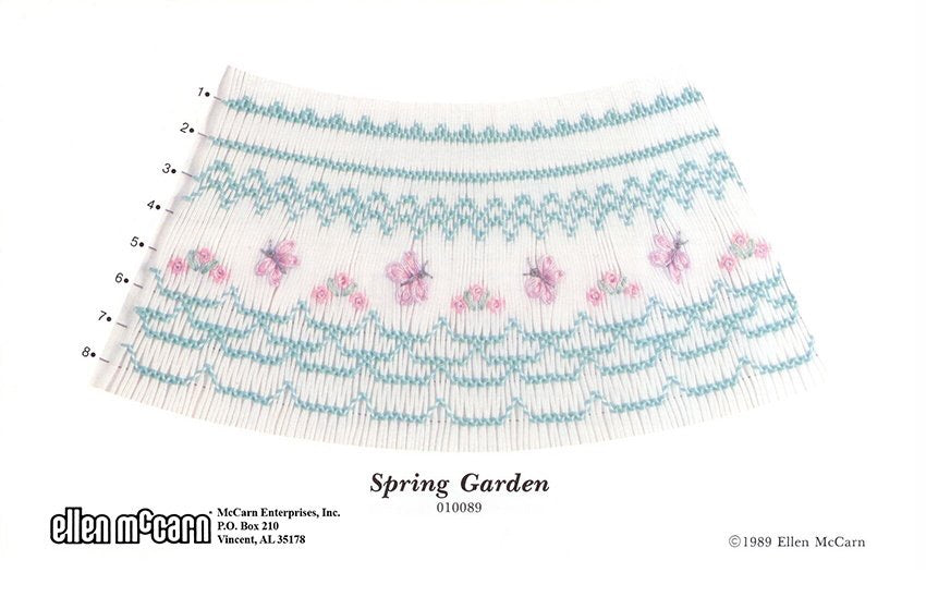 Smocking design pattern with floral design on a white background, featuring the brand 'Ellen McCain'.