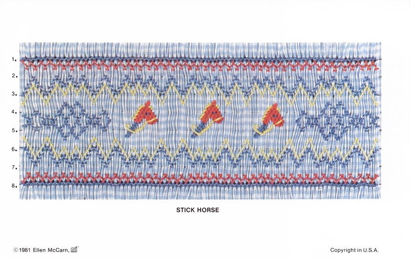 Smocking plate with three stick horses, 8 rows of smocking.