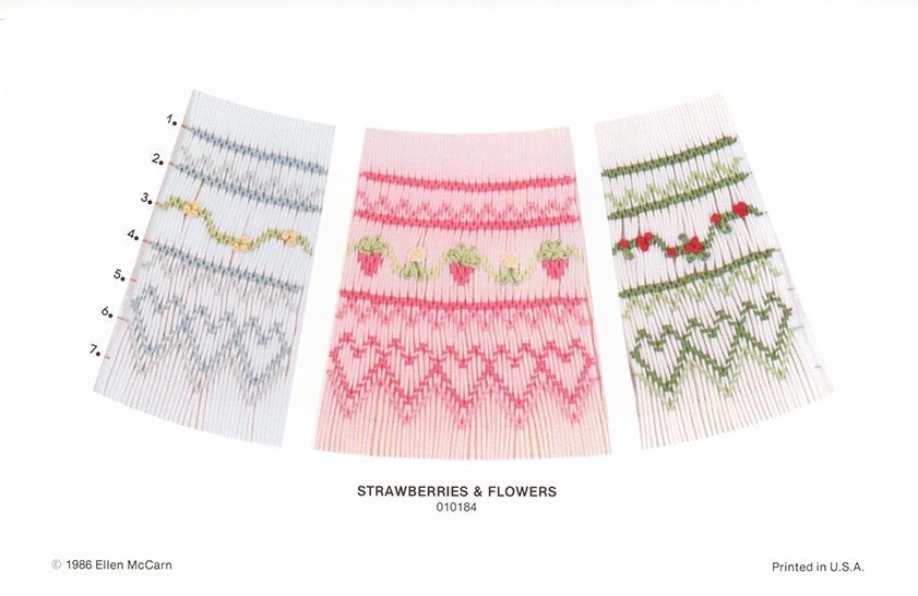 Three smocking patterns with strawberries and flowers on a white background