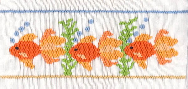 Embroidered design of goldfish and plants on a white background