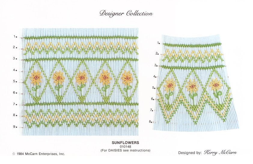 Smocking pattern for sunflowers with a blue background, labeled 'Designer Collection'.