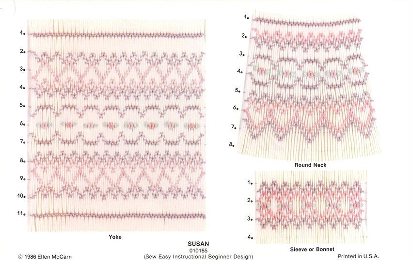 geometric smocking design smocked with rose and tan on a cream pleated fabric