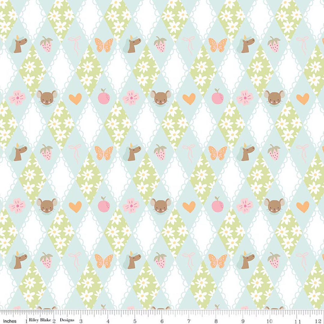 This print features a blue, white, and green diamond grid filled with daisies, berries, bows, butterflies, hearts and mice. There is a ruler on the bottom for scale. 