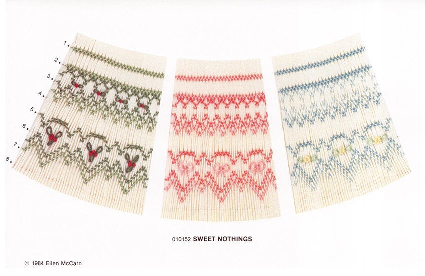 Three smocked swatches with different patterns on a white background