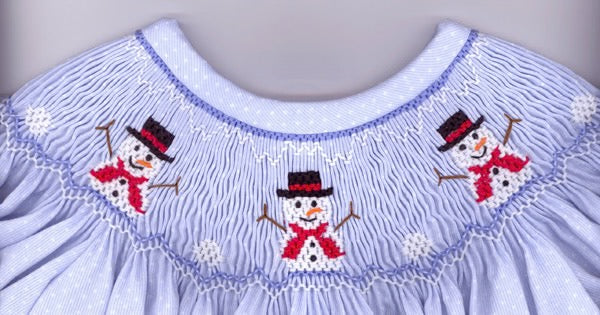 Light blue dress with snowman embroidery on a gray background