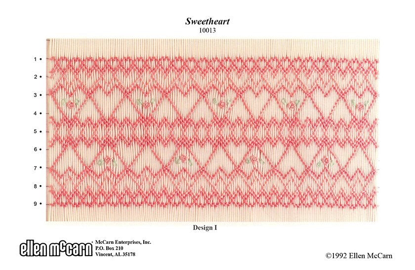 Textile pattern with pink and green design on a beige background, labeled 'Sweetheart' by Ellen McCarn.